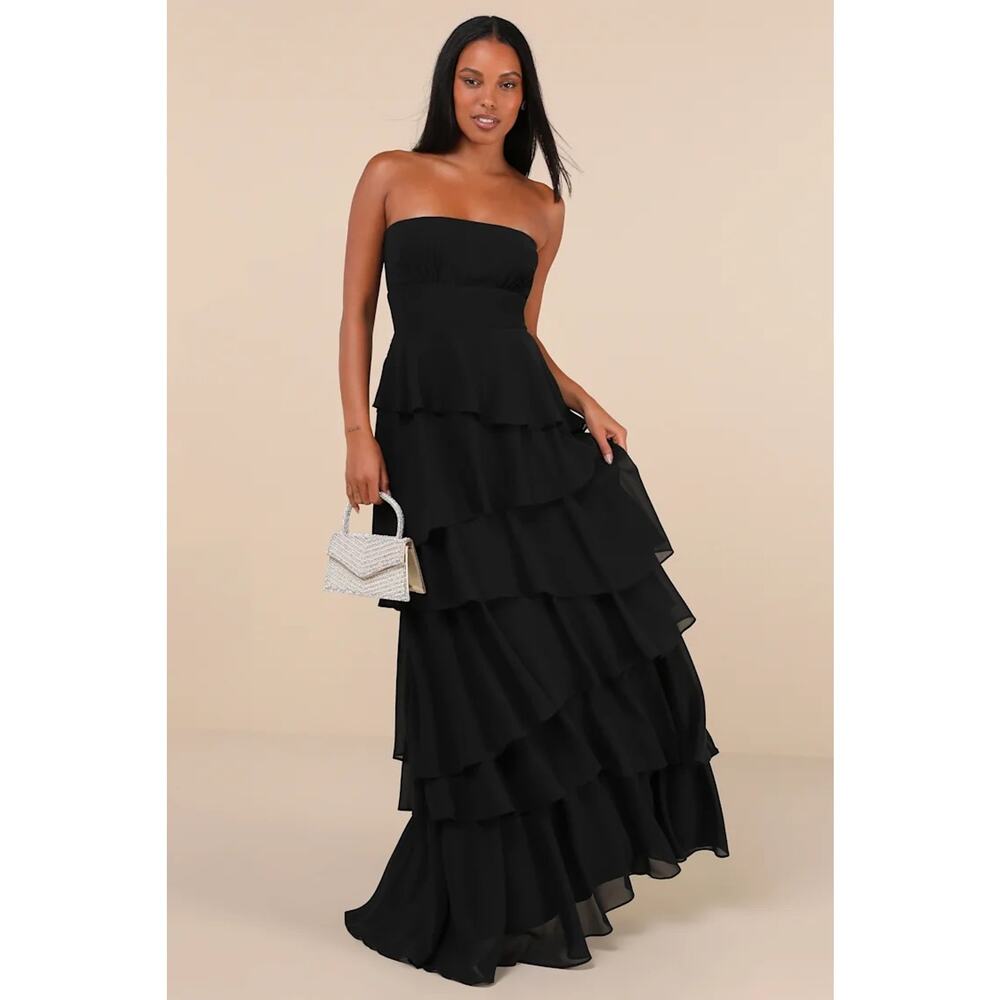 NWT Lulus Gorgeous Essence Black Strapless Tiered Maxi Dress Wedding Size L